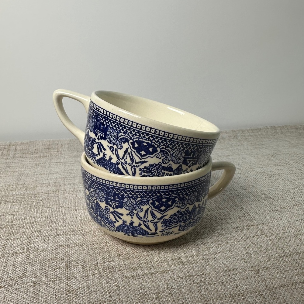 Vintage Blue & White Transferware Cups Set of 2 USA Ceramic Coffee Tea Cups
